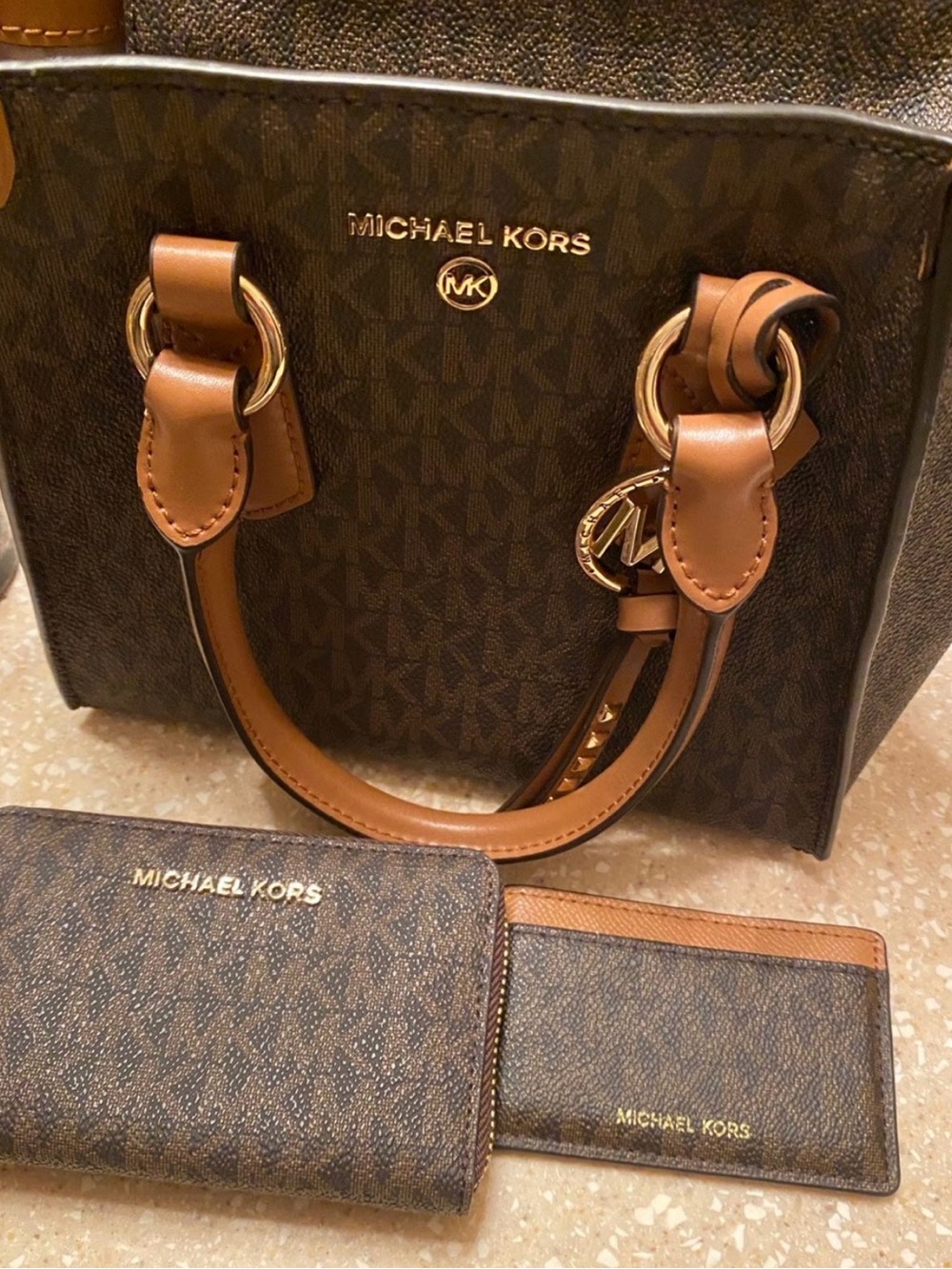 Michael Kors Brown and Tan Monogram Satchel with Matching Wallet